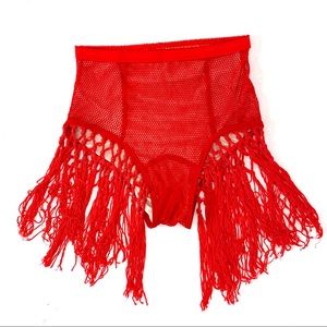 RED FRINGE RAVE SHORTS